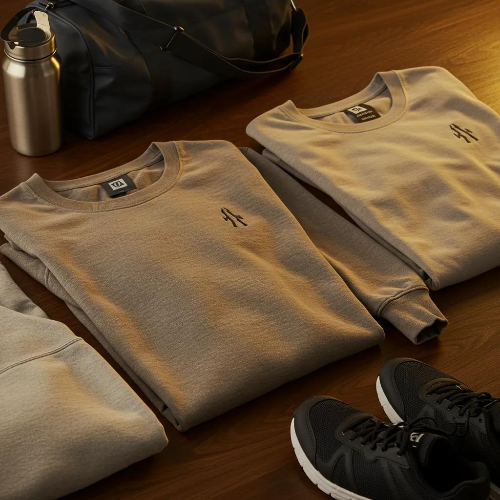 Flat lay of stylish men's workout sweatshirts with accessories, showcasing versatility for gym and streetwear