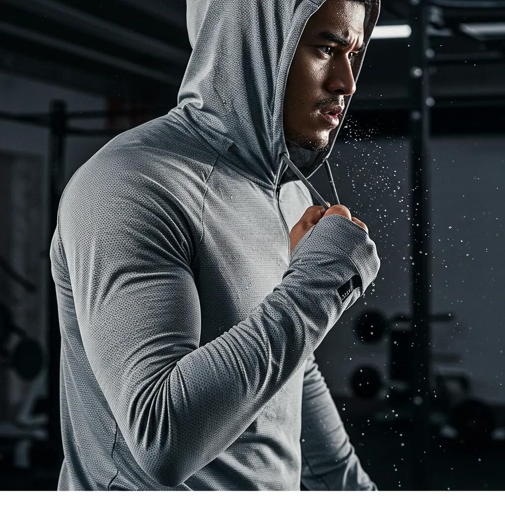Man wearing a moisture-wicking gym hoodie during a workout, highlighting fabric performance and breathability