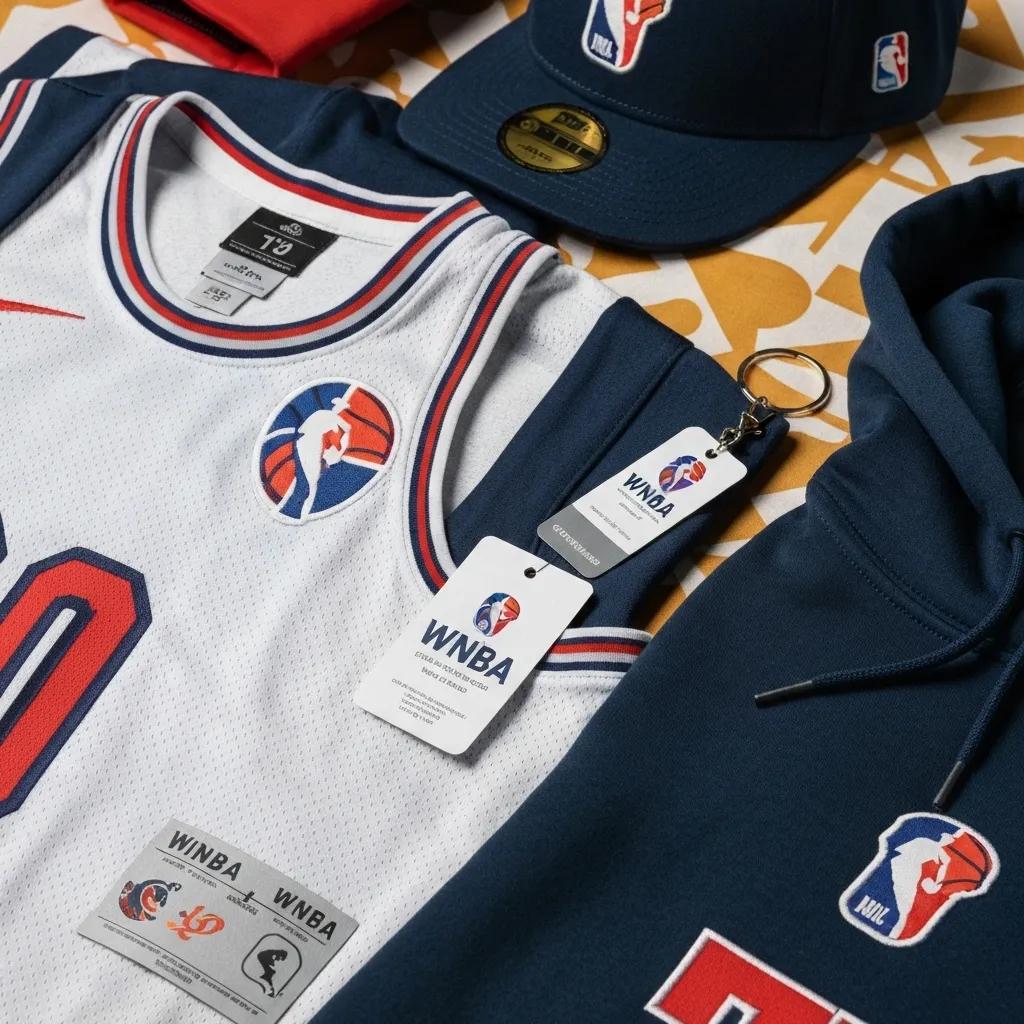 Nahaufnahme von authentischen WNBA-Artikeln, die hochwertige Trikots und Accessoires zeigen