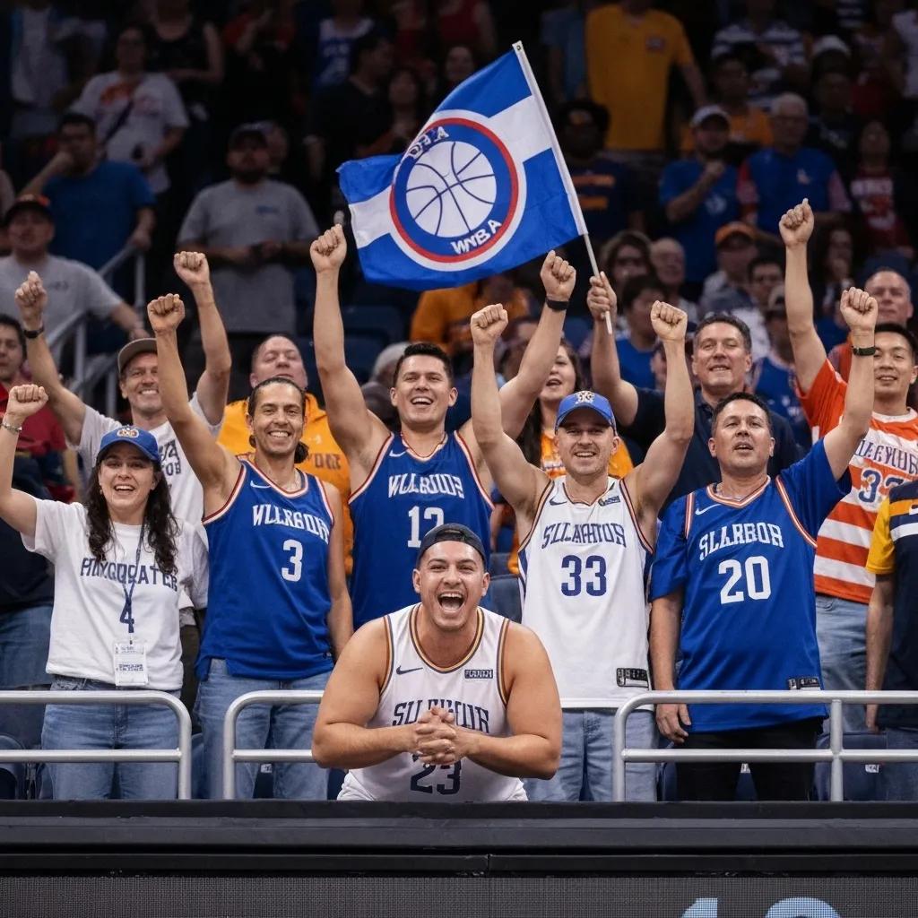 Diverse WNBA fans celebrating in authentic jerseys and apparel at a game